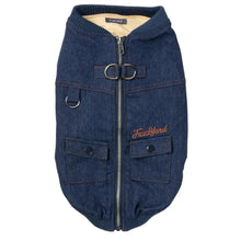 Load image into Gallery viewer, FuzzYard Kojima Dog Jacket in indigo, zipper front with harness rings and denim-style pockets.