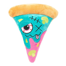 Load image into Gallery viewer, Close-up of Fuzzyard Zombizza Marg-Eat-Her dog toy, featuring a spooky pizza design and durable double-layered stitching for Halloween fun.