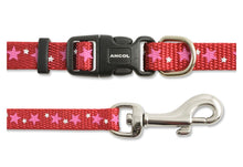 Load image into Gallery viewer, Close-up of Ancol Small Bite red reflective star puppy collar and lead with secure buckle and metal clip