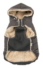 Load image into Gallery viewer, Inside view of the Fuzzyard Essentials charcoal dog puffer jacket showing soft fleece lining and detachable hood.