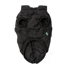 Load image into Gallery viewer, Underside view of the FuzzYard Flash Dog Jacket in black with soft teddy fleece lining and leg openings.