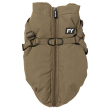 Load image into Gallery viewer, FuzzYard Flash Dog Jacket in khaki shown flat from the back, highlighting the integrated harness system and full-length zipper.