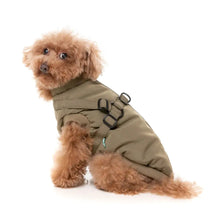Load image into Gallery viewer, Small fluffy dog wearing the FuzzYard Flash Dog Jacket, a khaki 2-in-1 harness coat with teddy lining, sitting and looking back.