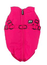 Load image into Gallery viewer, FuzzYard Flash Dog Jacket in magenta shown flat from the back, featuring the 2-in-1 built-in harness straps and full-length zipper.