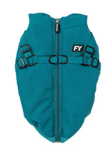 Load image into Gallery viewer, FuzzYard Flash Dog Jacket in teal shown flat from the back, featuring 2-in-1 built-in harness straps and a full-length zipper.