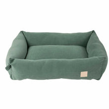Load image into Gallery viewer, Green pet bed with a small beige label on a white background
