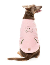 Load image into Gallery viewer, Dog sitting facing forward wearing the FuzzYard Nara Reversible Jacket in pink sherpa with olive green trim.