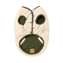 Load image into Gallery viewer, Reversible dog jacket showing sage green quilted interior with beige sherpa lining.