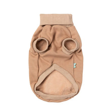 Load image into Gallery viewer, Beige FuzzYard Stevie Dog Sweater shown from the underside, displaying the armholes, ribbed neck, and cosy fleece lining.