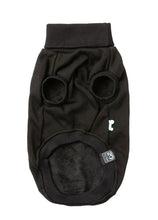 Load image into Gallery viewer, Black FuzzYard Stevie Dog Sweater shown from the underside, displaying the armholes, ribbed neck, and cosy fleece lining.
