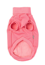 Load image into Gallery viewer, Pink FuzzYard Stevie Dog Sweater shown from the underside, displaying the armholes, ribbed neck, and soft inner lining.