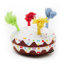 Load image into Gallery viewer, Pet London Squeaky Birthday Cake Dog Toy | Rainbow Rope Candles