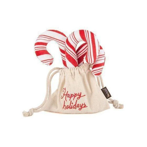 Christmas Candy Canes Plush Toy for dogs, soft with a built-in squeaker, perfect for holiday play.