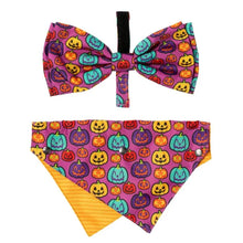 Load image into Gallery viewer, FuzzYard Oh My Gourd 2-pack featuring a pumpkin-themed bowtie and reversible bandana for dogs.
