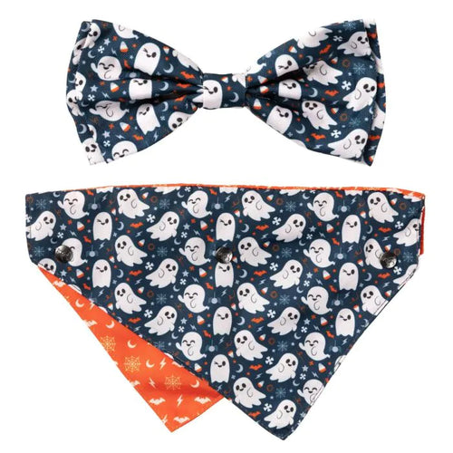 FuzzYard That’s the Spirit 2-pack featuring a Halloween-themed bowtie and reversible bandana for dogs