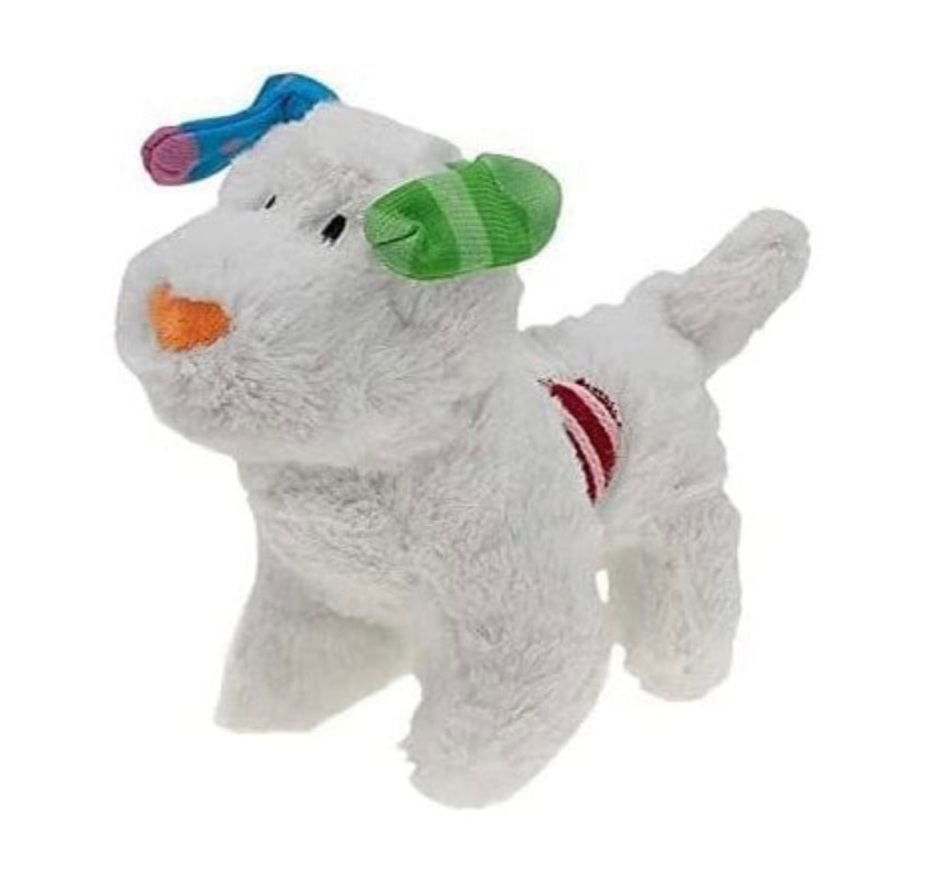 Close up of good boy snowdog Christmas plush squeaky dog toy 