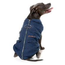 Load image into Gallery viewer, Dog facing away wearing the indigo FuzzYard Kojima Dog Jacket, showing the zipper and denim-style pockets.
