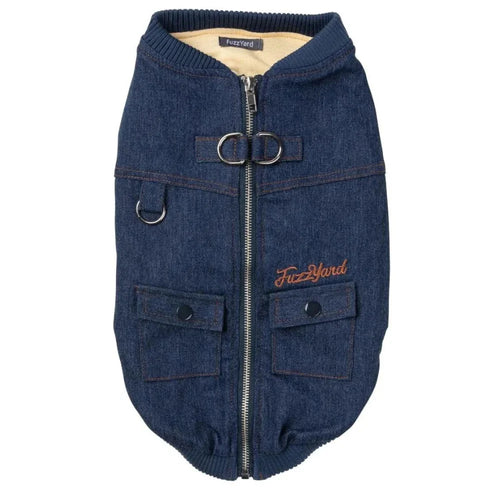 FuzzYard Kojima Dog Jacket in indigo, zipper front with harness rings and denim-style pockets.