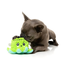 Load image into Gallery viewer, FuzzYard Stumpy Franken-Pus Halloween dog toy featuring a cute green octopus-like character with a squeaker.
