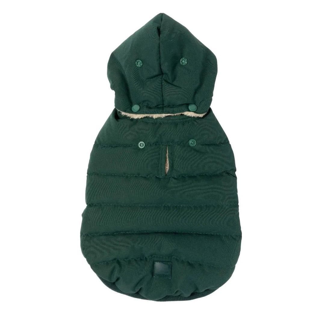 FuzzYard Essential Dog Puffer Jacket – Teddy Lined Coat with Removable Hood (Forest Green)