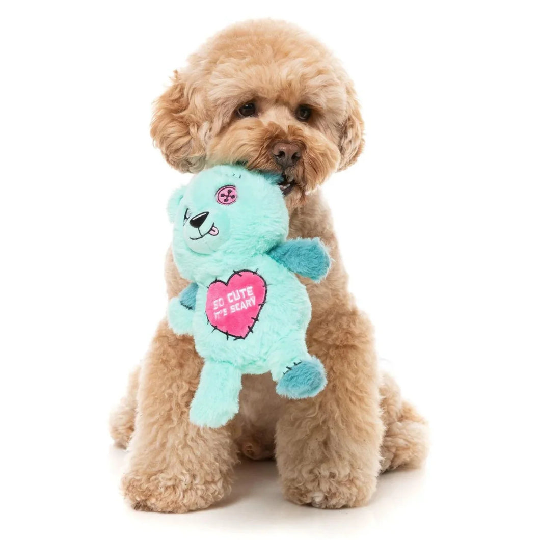 Fuzzyard Deaddy Bear plush dog toy with patchwork frankenbear design, featuring a built-in squeaker for playful dogs. Halloween-themed and durable.