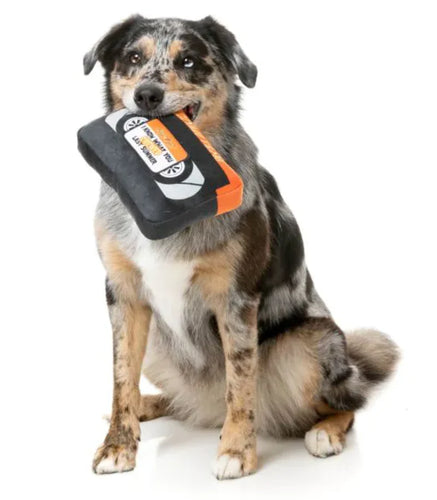 Fuzzyard Horror Movie VHS plush dog toy with retro video tape design and internal squeaker for playful pups.
