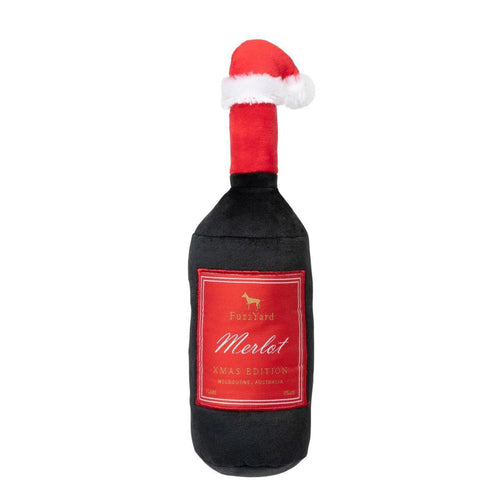 Festive Merlot Dog Toy shaped like a wine bottle, 31cm with squeaker, perfect for Christmas.