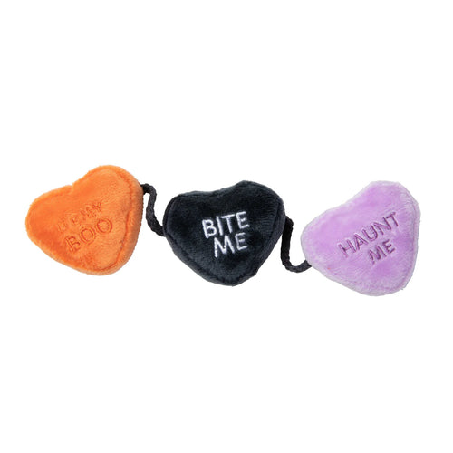 FuzzYard Spooky Candy Hearts String cat toy featuring Halloween candy hearts with crinkling texture and catnip.