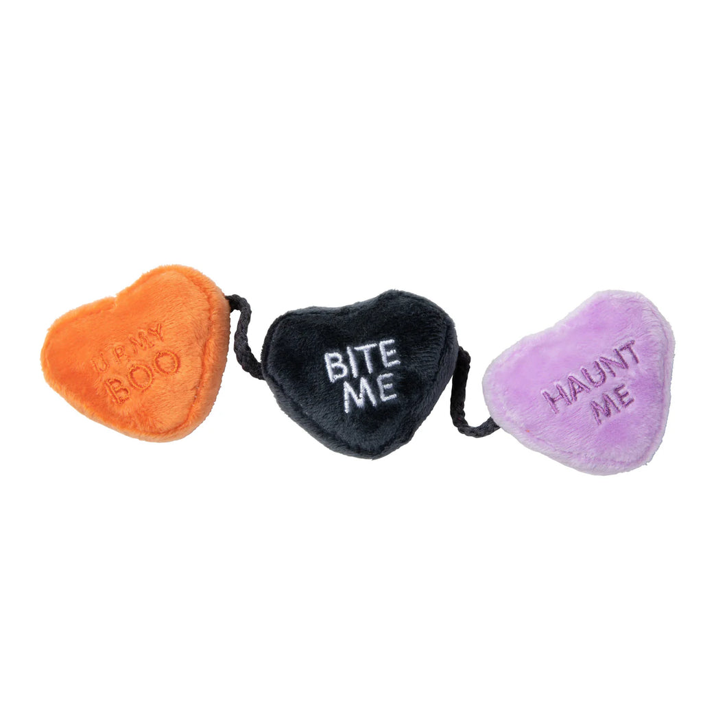FuzzYard Spooky Candy Hearts String cat toy featuring Halloween candy hearts with crinkling texture and catnip.