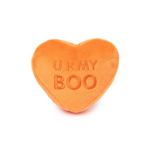 Load image into Gallery viewer, Close-up of FuzzYard Spooky Candy Hearts plush toy showing durable stitching and colorful heart design.
