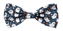 Load image into Gallery viewer, Close up of cute Halloween dog bowtie with ghost design by Fuzzyard 
