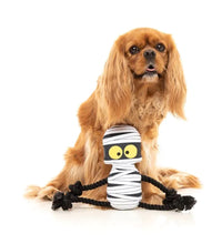 Load image into Gallery viewer, Dog playing with FuzzYard Ryan Gauze-ling Halloween rope toy.
