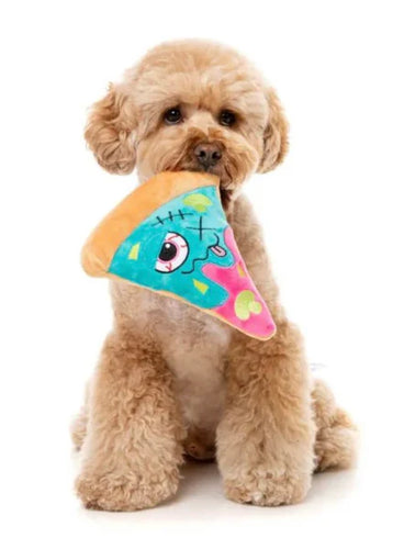 Dog playing with Fuzzyard Zombizza Marg-Eat-Her Halloween toy, a slice of squeaky pizza with a creepy, fun design.