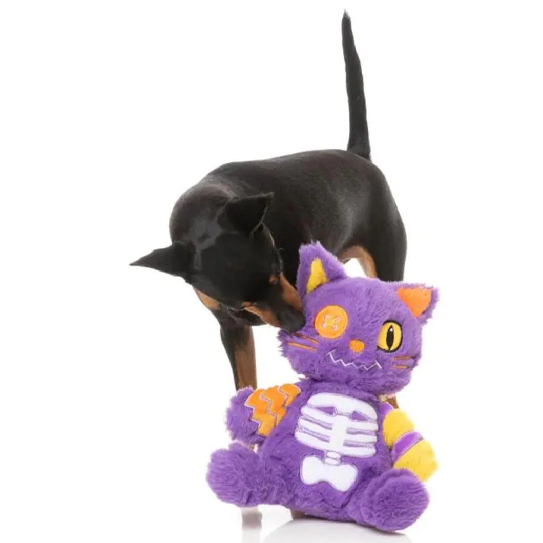 Dog playing with Fuzzyard Halloween Hairball the Cat toy featuring squeaker and patchwork design. Perfect for interactive Halloween fun.