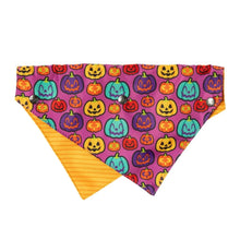Load image into Gallery viewer, Close-up of FuzzYard pumpkin-themed bandana with reversible design.
