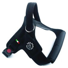 Load image into Gallery viewer, Tre Ponti Primo Plus black dog harness showing the padded chest band, ergonomic fit and safety handle.

