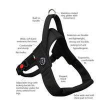 Load image into Gallery viewer, Tre Ponti Primo Plus dog harness with labelled features including padded chest band, built-in handle, reflective trim, and adjustable strap.

