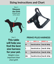 Load image into Gallery viewer, Tre Ponti Primo Plus harness sizing chart showing how to measure chest girth and size options from M to XXL.
