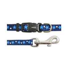 Load image into Gallery viewer, Close-up of Ancol Small Bite blue reflective star puppy collar and lead with secure buckle and metal clip
