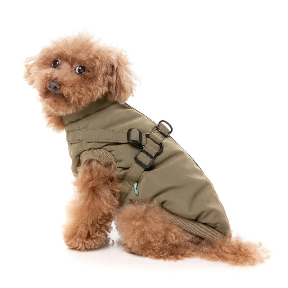 FuzzYard Flash Dog Jacket – 2-in-1 Harness Coat with Teddy Lining (Khaki)