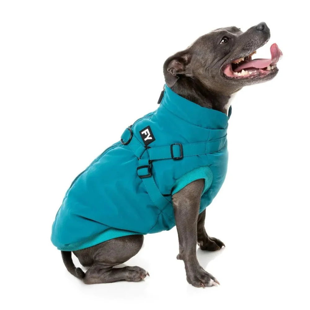 FuzzYard Flash Dog Jacket – 2-in-1 Harness Coat with Teddy Lining (Dark Teal)