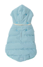Load image into Gallery viewer, “Fuzzyard Essentials blue dog puffer jacket shown flat from the back, highlighting detachable hood and snap buttons.
