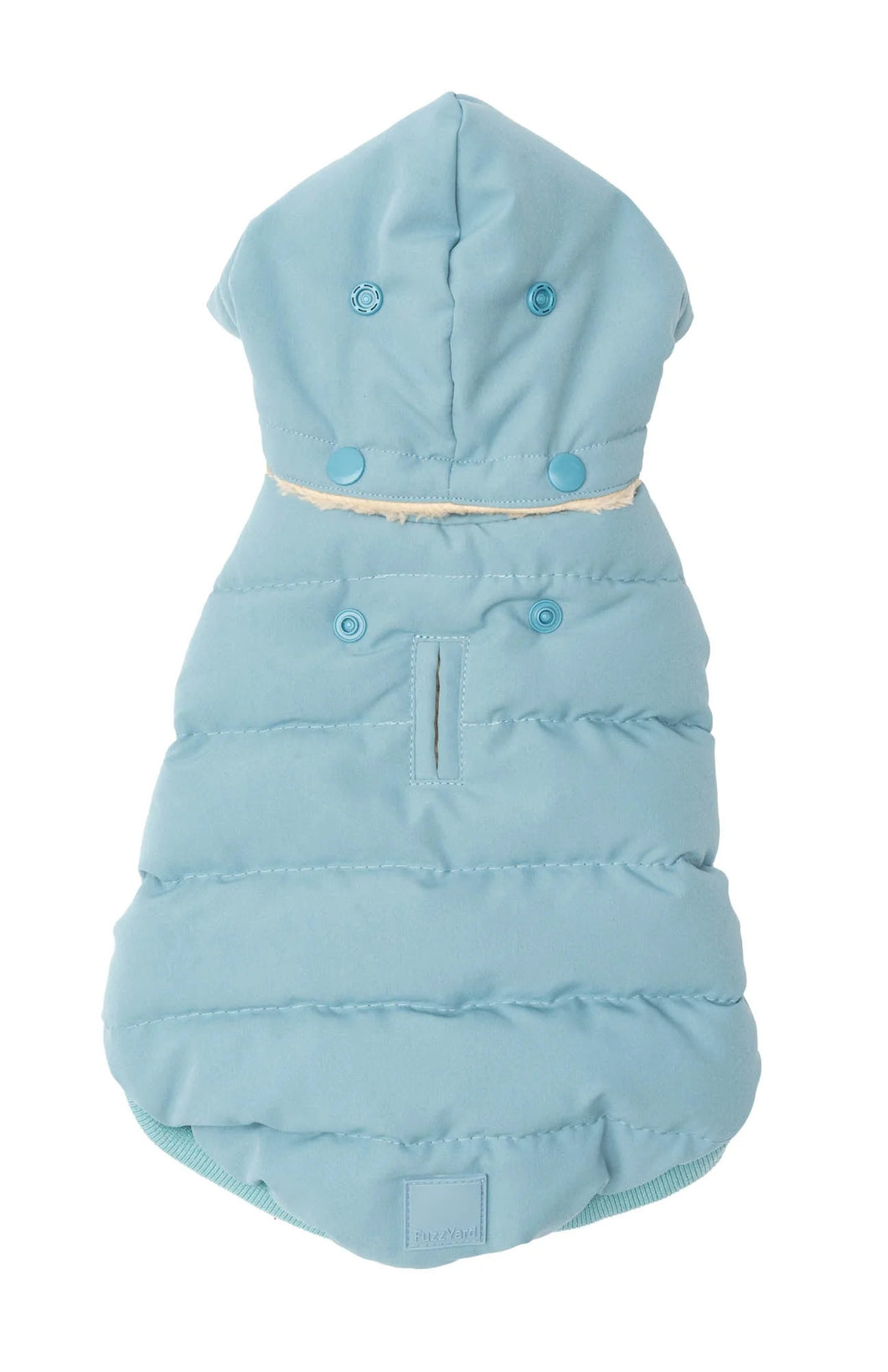 “Fuzzyard Essentials blue dog puffer jacket shown flat from the back, highlighting detachable hood and snap buttons.