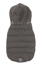 Load image into Gallery viewer, Fuzzyard Essentials charcoal dog puffer jacket shown flat from the back, highlighting detachable hood and snap buttons.
