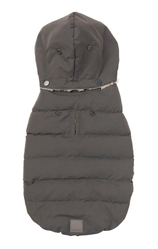Fuzzyard Essentials charcoal dog puffer jacket shown flat from the back, highlighting detachable hood and snap buttons.