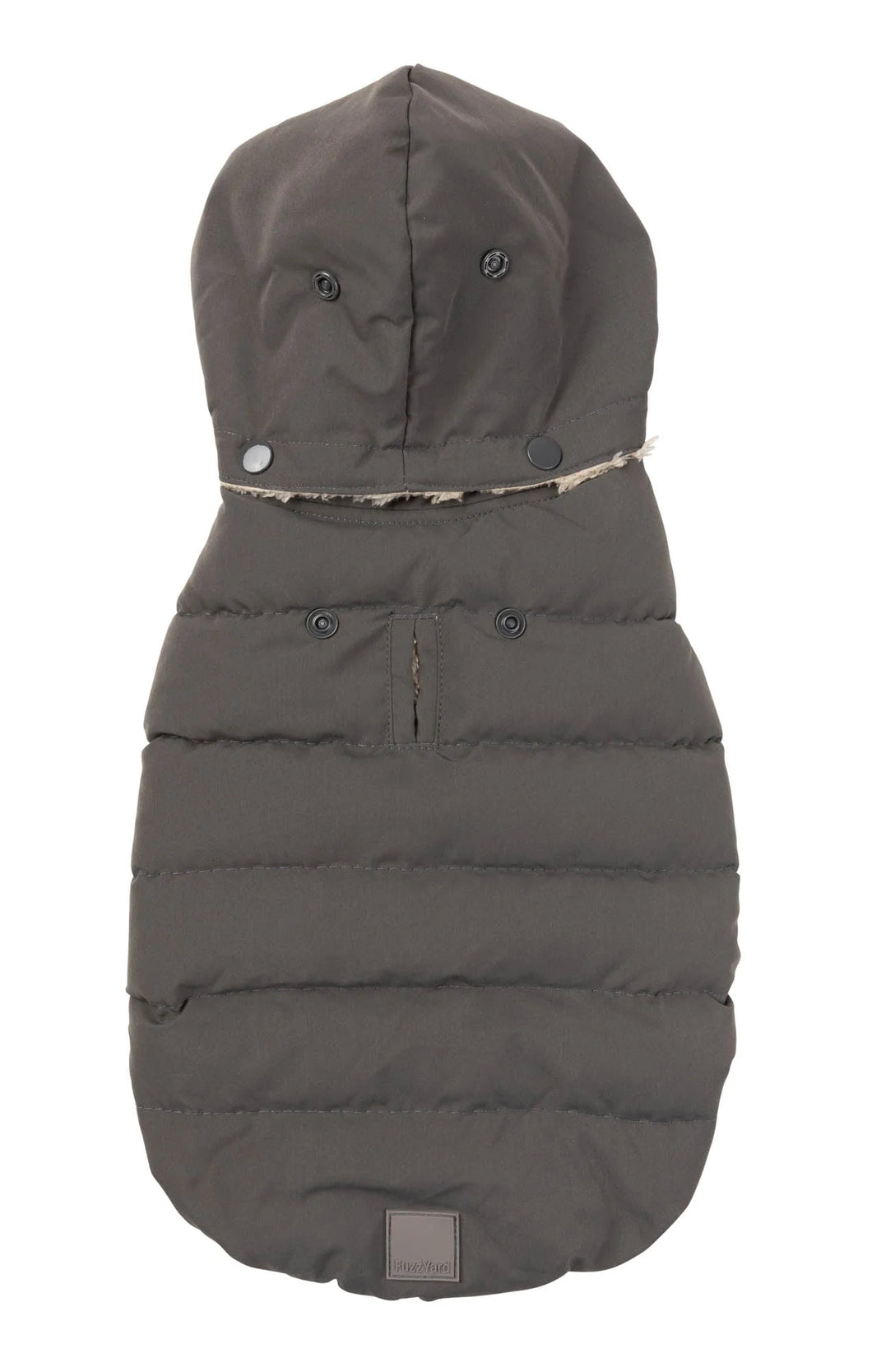 Fuzzyard Essentials charcoal dog puffer jacket shown flat from the back, highlighting detachable hood and snap buttons.