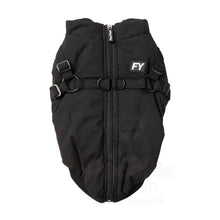 Load image into Gallery viewer, FuzzYard Flash Dog Jacket in black shown flat from the back, featuring the built-in 2-in-1 harness straps and full-length zipper.
