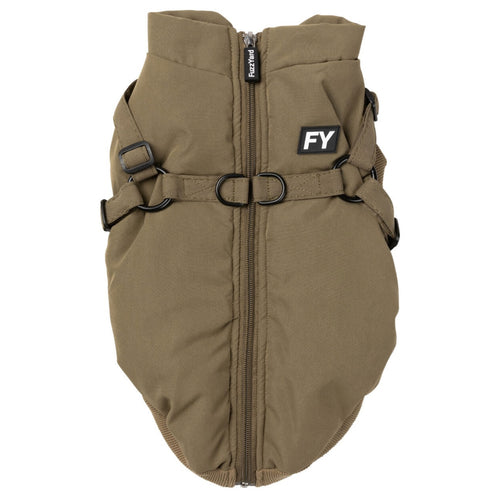 FuzzYard Flash Dog Jacket in khaki shown flat from the back, highlighting the integrated harness system and full-length zipper.