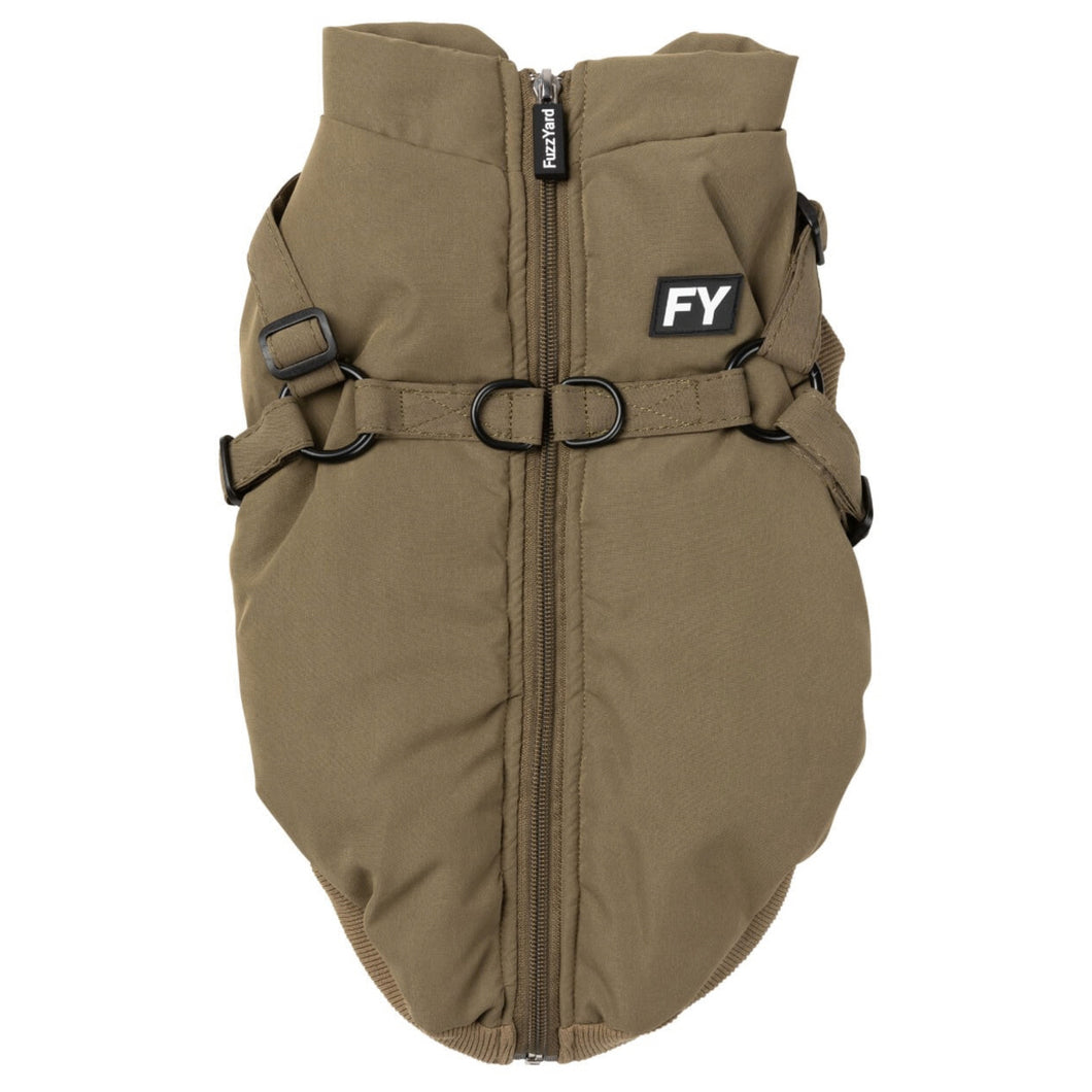 FuzzYard Flash Dog Jacket in khaki shown flat from the back, highlighting the integrated harness system and full-length zipper.