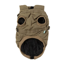 Load image into Gallery viewer, Underside view of the FuzzYard Flash Dog Jacket in khaki, showing the soft teddy fleece lining and leg openings.
